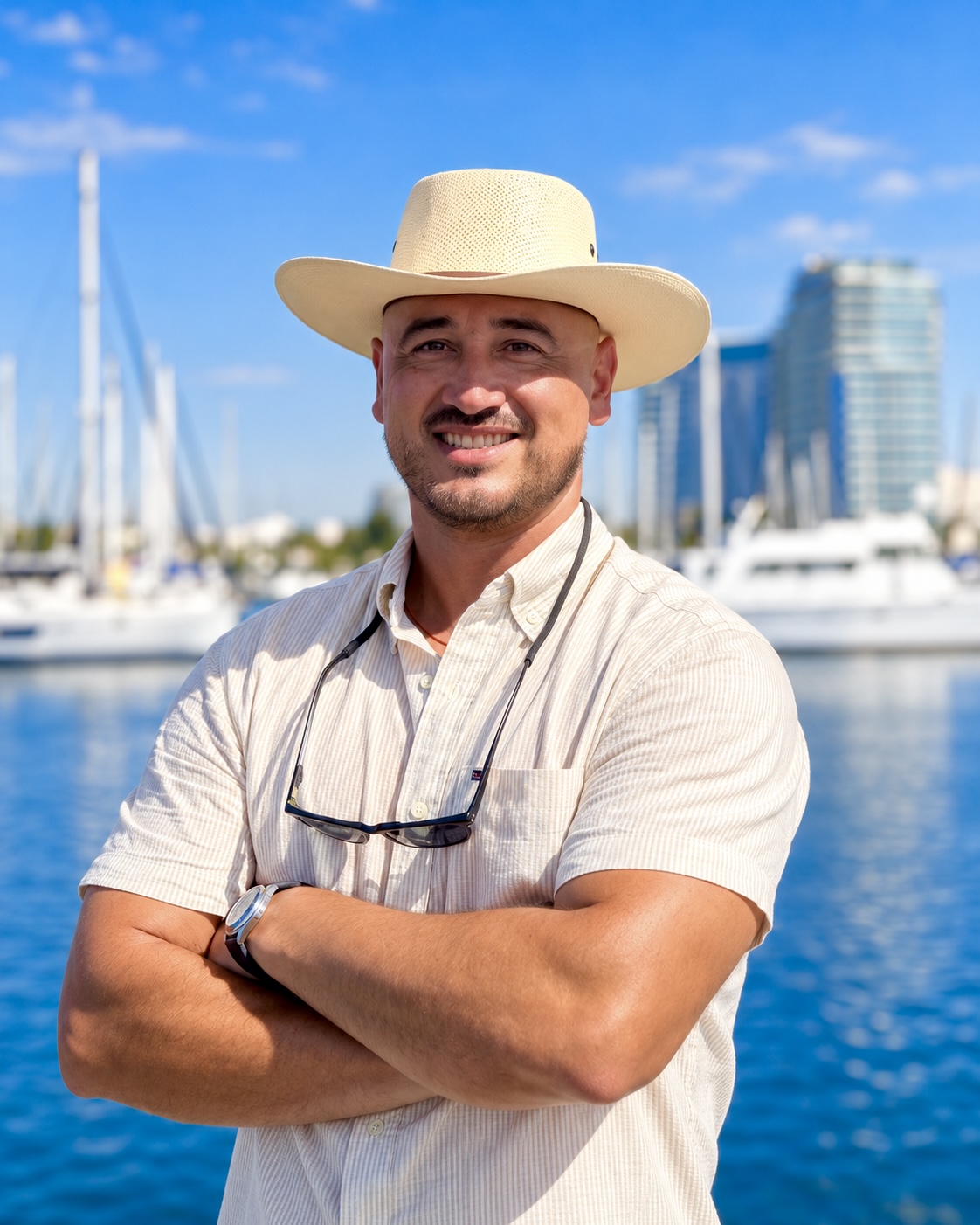 Frank Aguayo wearing a straw hat beside the marina