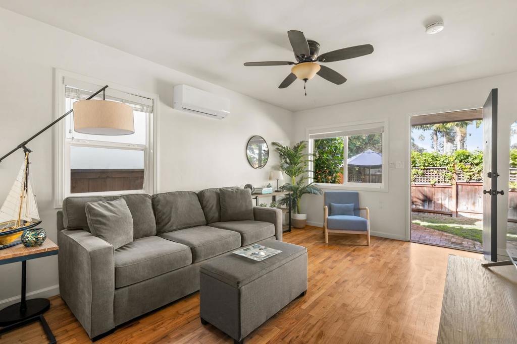 Sunlit living room in a Pacific Beach bungalow